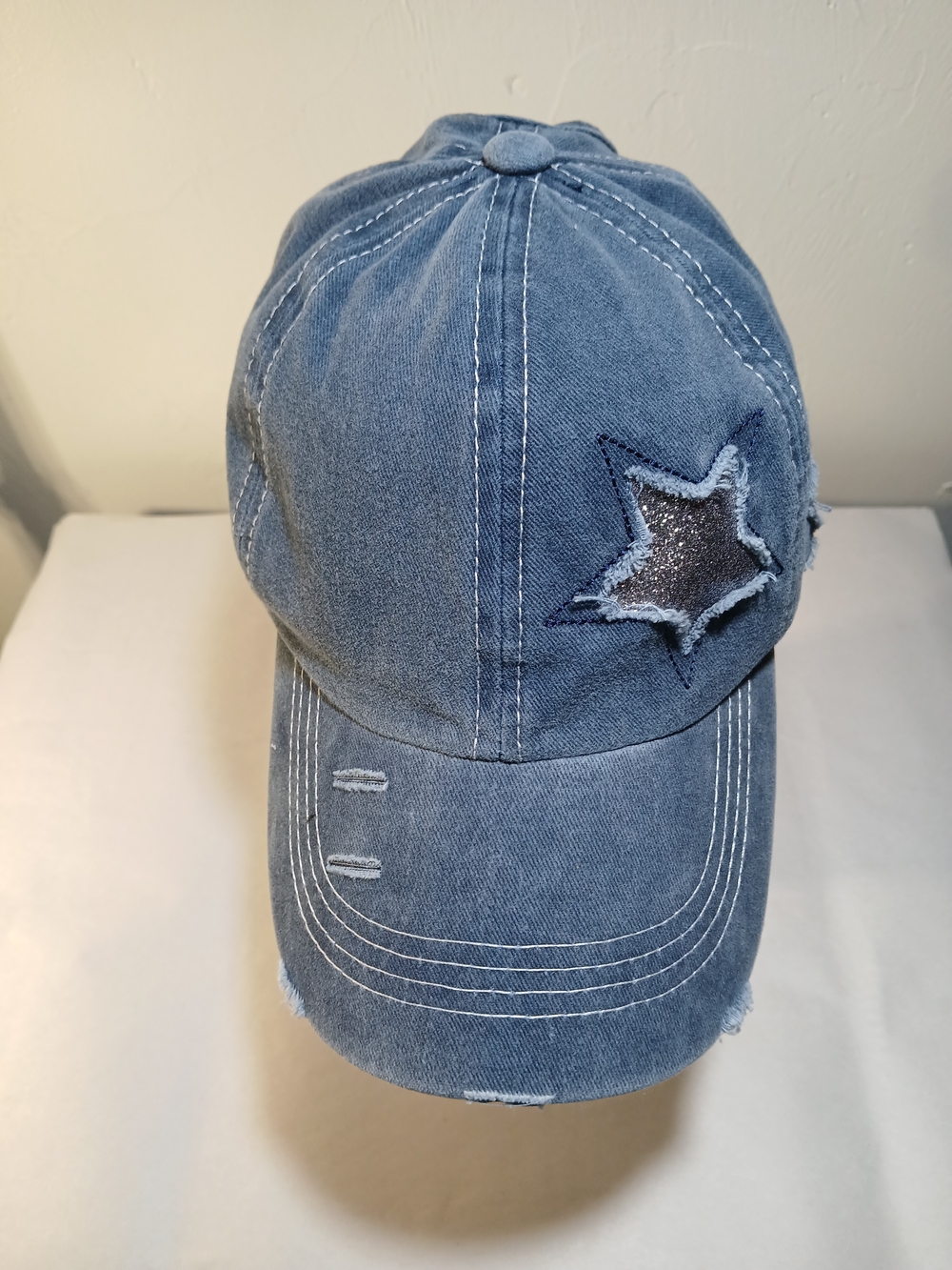 Y2K-style C. C Distressed Glitter Star Pony Washed Blue Denim Baseball Cap